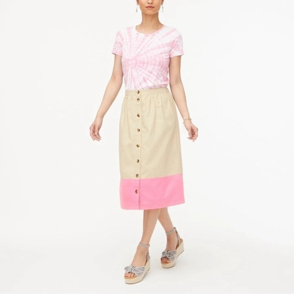 J. Crew Linen Blend Tan & Pink Midi Color Block Button Down Skirt Plus Size XXL - Picture 2 of 5